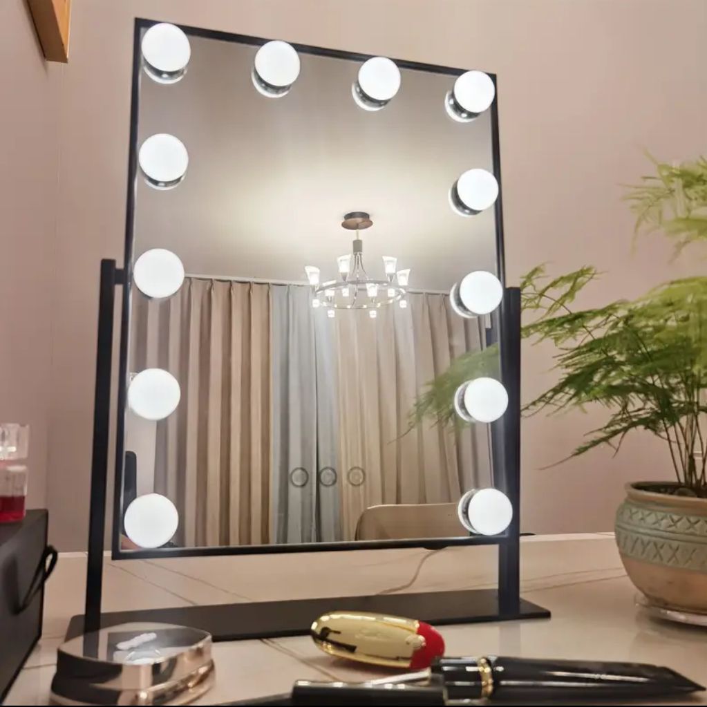 Hollywood Desktop Lighted Beauty Mirror Square Makeup Mirror With Led 12 Light Bulb